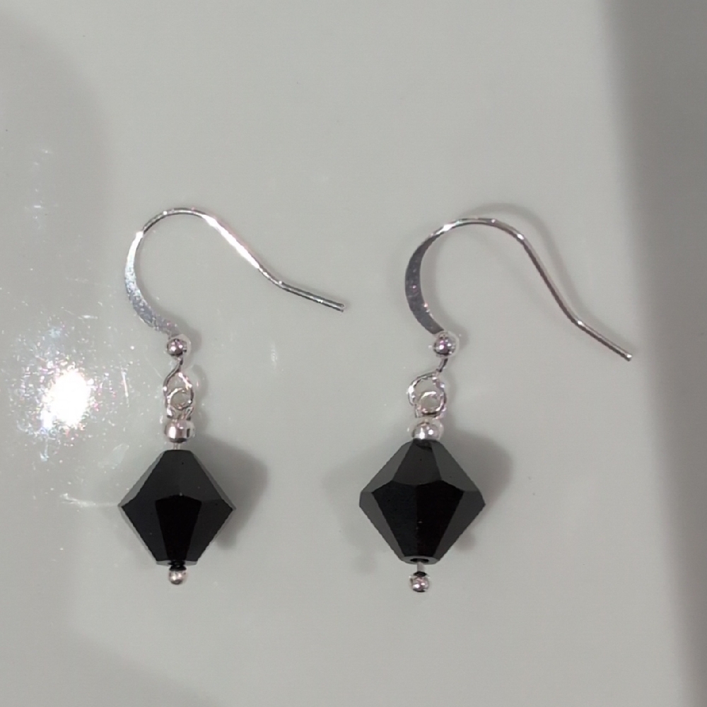 Handmade Black Swarovski 10mm Bicone Silver Plated Dangle Earrings - Picture 2 of 2